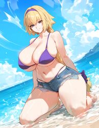 1girls ai_generated beach big_breasts bikini blonde_hair blue_eyes child_bearing_hips daisy_dukes fate/grand_order fate_(series) female female_focus female_only huge_breasts jeanne_d'arc_(fate) large_breasts long_hair navel ponytail purple_bikini shorts thick_thighs thighs rating:Explicit score:27 user:Lojerco6