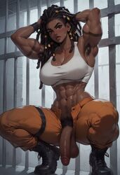 1futa ai_generated armpit_hair armpits boots brunette_futa brunette_hair cock dark-skinned_futanari dark_hair dark_skin dickgirl female_armpit_hair futa_only futanari gurza jail looking_at_viewer michaela muscular_arms muscular_futanari original_character penis prison prison_cell prison_uniform prisoner pubic_hair solo veins veiny veiny_penis rating:Explicit score:24 user:Lada_Gurza