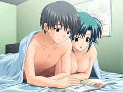 ariko_youichi bed black_hair blanket book brown_eyes couple cute fortune_cookie_(game) green_hair naked_sheet nude reading shared_blanket takaya_yui under_covers rating:Explicit score:19 user:bot