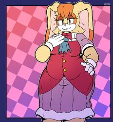  animal_ears animal_humanoid anthro bedroom_eyes belly big_belly big_breasts biped breasts brown_eyes button_(fastener) checkered checkered_background cleavage clothed clothing cuffs_(clothing) dress eyelashes fat_arms fat_legs female floppy_ears fur gloves gradient_background hair hand_on_hip handwear hi_res humanoid lagomorph lagomorph_humanoid leporid leporid_humanoid lips looking_at_viewer mammal mammal_humanoid n00nimous narrowed_eyes orange_body orange_hair overweight overweight_anthro overweight_female pattern_background pink_background rabbit seductive sega signature simple_background solo sonic_the_hedgehog_(series) standing tan_body tan_fur vanilla_the_rabbit wide_hips  rating:safe score: user:bot