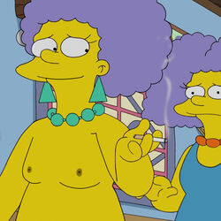 2girls breasts female female_only human multiple_females patty_bouvier selma_bouvier smoking the_simpsons rating:Questionable score:7 user:foxworks