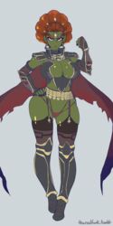 armor boots breasts cape cleavage clenched_hand earrings elbow_gloves female fingerless_gloves frown full-length_portrait full_length ganda ganondorf garter_straps gloves green_skin hand_on_hip large_breasts live_for_the_funk long_fingernails looking_at_viewer nintendo orange_hair panties pointy_ears portrait rule_63 serious sidelocks simple_background solo standing the_legend_of_zelda thick_eyebrows thighhighs tiara underwear vambraces rating:Questionable score:117 user:Shaded_Cube