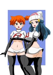 2girls ass blue_eyes blue_hair blush boots breasts butt_crack cleavage clothes dawn_(pokemon) enemy_conversion female female_only green_eyes hair hat headgear high_heel_boots human human_only kasumi_(pokemon) koutarosu large_breasts long_hair looking_at_viewer looking_back multiple_females multiple_girls navel open_mouth orange_hair pokemon short_hair simple_background smile standing team_rocket thigh_boots underboob rating:Questionable score:107 user:Doomisphere