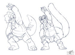 anthro barefoot bulge clothing dinosaur duo exercise eyewear frill front_view glasses horn line_art male male_only mammal monochrome musclegut olinguito olly overweight parker_the_triceratops raised_arm scalie shirt signature sweat triceratops wolfblade wrestling_singlet rating:Explicit score:1 user:bot