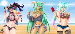 3girls 7th-heaven beach blue_hair bracelet breasts cross cross_earrings dark_skin denim denim_shorts dragon_girl earrings elf erainha green_hair hair hat headgear heterochromia horns ice_cream layla_(7th-heaven) long_hair multiple_girls nail_polish navel nipple_cutout nipples ocean original outdoors panties pink_hair pointy_ears popsicle purple_eyes purple_hair pussy_cleavage saya_rain see-through short_shorts shorts showgirl_skirt skirt skull_print smile spider_web_print sunglasses tattoo toned torn_clothes torn_shirt torn_thighhighs underwear very_long_hair water yellow_eyes rating:Questionable score:33 user:Shaded_Cube