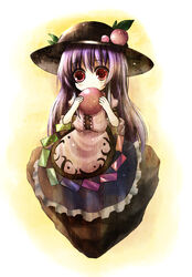  blue_hair chibi commentary_request female food fruit hat hinanawi_tenshi keystone kurona peach photoshop_(medium) red_eyes solo touhou  rating:safe score: user:bot