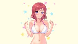 animated bent_wrist bikini blush bouncing_breasts breasts cleavage embarrassed female highres large_breasts love_live! love_live!_school_idol_project mignon navel nishikino_maki purple_eyes red_hair stars swimsuit rating:Questionable score:133 user:Kynes