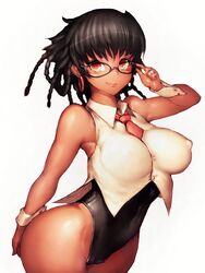 ass bare_shoulders bonimar breasts brown_eyes brown_hair canvas_of_life_manga covered_nipples dark-skinned_female dark_skin earrings erect_nipples female fumio_(rsqkr) glasses hair jewelry large_breasts lips long_hair looking_at_viewer short_hair simple_background smile solo thighs white_background rating:Explicit score:77 user:masternoobcake