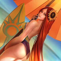 1girls ass badcompzero beach breasts dat_ass eyeshadow female hair_flower league_of_legends leona_(league_of_legends) lipstick orange_hair pool_party_leona pool_party_series red_hair solo sunflower umbrella very_long_hair rating:Questionable score:129 user:metalizer