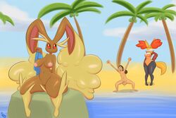 balls beach breasts brown_fur brown_hair cleavage closed_eyes clothed clothes delphox eyelashes female fur group hair human immortalstar inner_ear_fluff lopunny male mammal nintendo nipples nude palm_tree penis pokemon pokemorph pubes pussy red_eyes rock seaside smile swimsuit tree water rating:Explicit score:10 user:bot