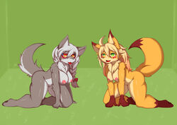 artist_request blonde_hair breasts canine fox furry green_eyes grey_hair hair lactation long_hair mammal nipples red_eyes tagme wolf rating:Explicit score:3 user:bot