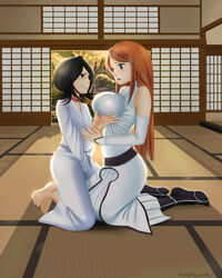 2girls barefoot black_hair bleach blush breast_fondling breast_grab breasts busty cleavage feet female female_only human inoue_orihime katzueki kimono kuchiki_rukia multiple_girls nipples toes voluptuous yuri rating:Questionable score:94 user:Freezer88