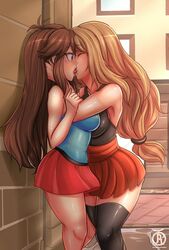 2girls against_wall armpits ass bare_shoulders blonde_hair breast_frottage breasts brown_hair closed_eyes eyelashes female_only grey_eyes hand_on_head holding human human_only kissing leaf_(pokemon) lesbian_kiss long_hair nintendo oral pokemon pokemon_frlg pokemon_xy ponytail red_skirt revolverwingstudios serena_(pokemon) serena_(pokemon_games) shirt skirt standing text thighhighs tongue tongue_out watermark yuri rating:Safe score:546 user:dmanXXX