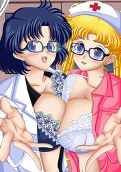 2girls ami_mizuno artemisumi big_breasts bishoujo_senshi_sailor_moon bra breasts costume doctor female female_only glasses lace-trimmed_bra multiple_girls nurse pointy_chin symmetrical_docking usagi_tsukino rating:Questionable score:24 user:Freezer88