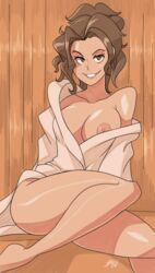 bigdeadalive breasts brown_eyes brown_hair female goldeneye james_bond_(series) long_hair looking_at_viewer nipples off_shoulder open_clothes open_robe robe smile solo xenia_onatopp rating:Explicit score:109 user:Shaded_Cube