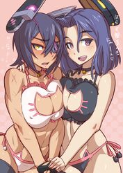 2girls abs abstract_background beauty_mark blue_hair blush bra breast_squish breasts cat_lingerie choker cleavage cleavage_cutout collar cute_fang duo eye_patch eyelashes female female_only fingerless_gloves gloves hair_between_eyes hand_holding headgear human japanese_text jingle_bell kantai_collection keyhole_bra large_breasts lavender_eyes lingerie looking_at_viewer mikoyan mole mole_under_eye multiple_females muscle muscular_female nipple_bulge open_mouth panties purple_hair scar short_hair side-tie_panties tatsuta_(kantai_collection) tenryuu_(kantai_collection) text thighhighs toned yellow_eyes rating:Questionable score:118 user:SolemnTagger