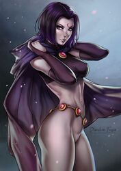 belly belt breasts cloak covered_breasts covered_nipples dandon_fuga dc dc_comics demon erect_nipples female female_only gauntlets grey_skin large_breasts legs navel nipples purple_eyes purple_hair pussy rachel_roth raven_(dc) short_hair solo straight_hair teen_titans thighs vagina rating:Explicit score:199 user:Bart