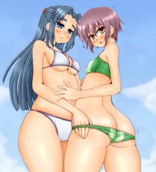 /\/\/\ 2girls :d :o asakura_ryouko ass ass_cleavage assisted_exposure bandeau bangs bare_arms bare_back bare_shoulders bikini bikini_pull blue_eyes blue_hair blue_sky blush breasts butt_crack cowboy_shot female from_behind glasses green_bikini huge_ass long_hair looking_back multiple_girls nagato_yuki open_mouth parted_bangs parted_lips pulled_by_another purple_eyes short_hair sky small_breasts smile standing surprised suzumiya_haruhi_no_yuuutsu swimsuit tan tanline underboob very_long_hair white_bikini wide_hips yellow_eyes yukirin_(nagatoyuki_ibukifuko) yuri rating:Questionable score:15 user:Doomisphere