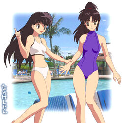 2girls arm_grab arpeggios artist_request bikini brown_eyes brown_hair clothed clothes eyeliner eyeshadow female finger_gesture hand_grab inuyasha japanese_text kagome_higurashi legs long_hair navel one-piece_swimsuit outside photo_background ponytail pool sango scrunchie sleeveless smile swimming_pool swimsuit text tied_hair translation_request two_piece_swimsuit water white_bikini rating:Safe score:28 user:Sektzem