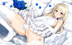 1boy androgynous balls balls_in_panties blonde_hair blue_eyes blue_rose bride crossdressing dress femboy femboy_bride game-style girly heels high_heels male male_bride male_only nemunemu_(candy_paddle) panties penis penis_under_clothes penis_under_dress see-through solo stockings testicles thighhighs tiara trap trap_bride wallpaper wedding_dress white_panties rating:Explicit score:265 user:bot