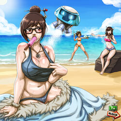 2d 7th-heaven activision bikini blizzard_entertainment blush brown_eyes brown_hair cameltoe d.va day female female_only glasses human long_hair mei_(overwatch) multiple_girls outdoors overwatch panties robot short_hair snowball_(overwatch) tracer wet whisker_markings rating:Questionable score:164 user:justausername