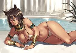 1girls animal_ears armlet bastet_(houtengeki) bikini bimbo bracelet breasts brown_hair cat_ears catgirl cleavage dark-skinned_female dark_skin earring egyptian female female_only hair houtengeki jewelry large_ass large_breasts long_hair navel necklace on_side red_eyes smile solo voluptuous wide_hips rating:Questionable score:228 user:chooped