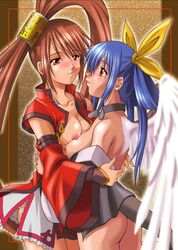 2girls ass asymmetrical_wings bare_shoulders blue_hair blush bow breast_press breasts brown_hair choker cleavage clothes detached_sleeves dizzy_(guilty_gear) eye_contact female guilty_gear hair hair_ornament hairbow kuradoberi_jam long_hair looking_at_another multiple_girls no_bra no_panties open_clothes open_shirt shirt tail tied_hair twintails very_long_hair wings yuri rating:Explicit score:10 user:bot