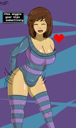 bangs blush breasts brown_hair cleavage closed_eyes clothed dark-skinned_female dark_skin fae-sama female female_protagonist frisk open_mouth short_hair simple_background smile solo striped striped_legwear striped_shirt thighhighs undertale watermark rating:Questionable score:202 user:Danktorias