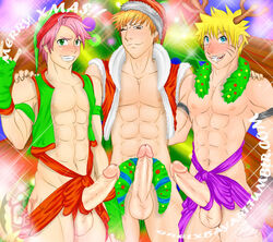 3boys antlers balls bleach blonde_hair blue_eyes bondage bound brown_eyes christmas crossover erection fairy_tail front_view green_eyes hair hand_on_shoulder holidays human human_only ichigo_kurosaki looking_at_viewer male male_only multiple_males muscular naruto natsu_dragneel orange_hair penis pink_hair ribbon short_hair smile standing uncensored uzumaki_naruto wink wreath yaoi yellow_hair rating:Explicit score:17 user:bot