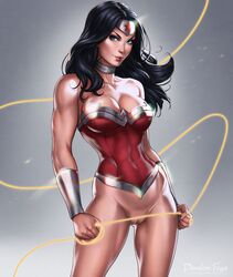 1girls bare_shoulders black_hair blue_eyes bracelet breasts choker cleavage covered_breasts covered_nipples dandon_fuga dc dc_comics diana_prince eyelashes female female_only justice_league large_breasts lasso lasso_of_truth legs lips long_hair pussy solo thighs tiara vagina wonder_woman wonder_woman_(series) rating:Explicit score:82 user:Bart