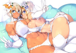 2girls abs ass blonde_hair blue_eyes bra breasts bride cameltoe cleavage dark-skinned_female dark_skin elbow_gloves female gloves hair_ornament hand_on_ass large_breasts lingerie muscular_female nipple_bulge original panties ponytail sela_(sela_god) sela_god short_hair sideboob thighhighs tied_hair ursula_(sela_god) v veil wedding_lingerie wife_and_wife yuri rating:Questionable score:181 user:chooped