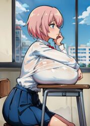 1girls ai_generated arm_support big_breasts blue_eyes breast_rest breasts breasts_bigger_than_head breasts_on_table classroom gigantic_breasts hand_on_chin huge_breasts hyper_breasts indoors inside large_breasts looking_away massive_breasts opal_(tampopo) pink_hair pleated_skirt profile red_bow school_girl school_uniform schoolgirl short_hair side_view sitting stable_diffusion tampopo white_shirt window rating:Questionable score:139 user:Tampopo