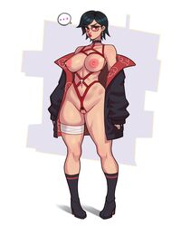 2023 bandage big_areolae black_hair breasts choker female female_focus female_only full_body glands_of_montgomery glasses harness jakuson_z large_breasts naruto nipples open_clothes pout pubic_hair pussy sarada_uchiha short_hair skindentation standing white_background rating:Explicit score:178 user:klinika5