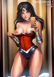 1girls badcompzero bare_shoulders black_hair blue_eyes bracelet breasts cellphone censored cleavage dc dc_comics diana_prince female female_only large_breasts legs long_hair nipples phone smartphone solo thighs tiara wonder_woman wonder_woman_(series) rating:Explicit score:54 user:Bart