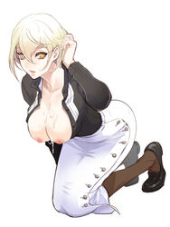 bangs black_shirt black_shoes blonde_hair breasts breasts_out brown_legwear buttons cleavage collared_shirt cum cum_on_body cum_on_breasts cum_on_upper_body cute_fang dripping eyelashes female full_body hair_between_eyes hair_tucking hand_up higekiri kneeling leaning_forward long_skirt long_sleeves looking_at_viewer nipples no_bra pantyhose parted_lips pencil_skirt rule_63 shirt shoes short_hair simple_background skirt solo topless touken_ranbu unbuttoned unbuttoned_shirt white_background white_skirt yellow_eyes zuwai_kani rating:Explicit score:56 user:bot