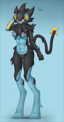 2016 absurd_res anthro anthrofied areolae black_fur black_hair blue_background blue_fur breasts clitoris english_text erect_nipples feline female fur hair highres large_breasts long_hair looking_at_viewer luxray mammal nintendo nipples nude pink_nipples pink_nose pokemon pokemorph pussy red_sclera signature simple_background smile solo text tuft voider_(artist) yellow_eyes rating:Explicit score:11 user:bot