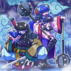  1boy alternate_costume black_hair blue_eyes breasts chui cleavage female horns long_hair mace mousse purple_eyes purple_hair ranma_1/2 shampoo_(ranma_1/2) sword tongue wantan-orz weapon  rating:safe score: user:bot