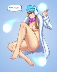 alternate_costume alternate_hair_color barefoot breasts brown_hair earmuffs english female fur_coat glowing glowing_eyes league_of_legends lewdnobu looking_at_viewer naked_coat nipples pink_eyes scarf sidelocks smile snow_day_syndra snowball snowdown_showdown_series solo syndra toenail_polish rating:Questionable score:35 user:Shaded_Cube