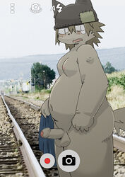  5_fingers balls blush camera_view canine censored erection hat headgear humanoid_penis looking_at_viewer male mammal moobs obese open_mouth overweight partially_retracted_foreskin penis public solo standing tears train_tracks uncut しらたま  rating:explicit score: user:bot