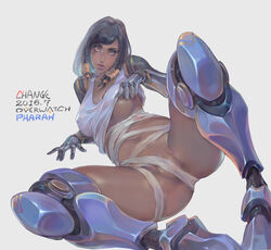 2016 absurdres artist_name black_hair braid breasts change_(artist) character_name copyright_name dark-skinned_female dark_skin dated facial_tattoo female greaves highres looking_at_viewer nipple_slip nipples no_pants one_breast_out overwatch pharah shirt_lift signature simple_background solo tattoo tied_hair white_background rating:Explicit score:36 user:bot