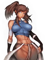 abs avatar_the_last_airbender bare_shoulders big_breasts breasts bridal_gauntlets brown_hair clothing covered_navel dark-skinned_female dark_skin erect_nipples erect_nipples_under_clothes female female_only fumio_(rsqkr) high_ponytail hourglass_figure human korra large_breasts long_hair looking_at_viewer muscle navel no_panties solo the_legend_of_korra thick_thighs thighs toned wide_hips rating:Questionable score:266 user:masternoobcake