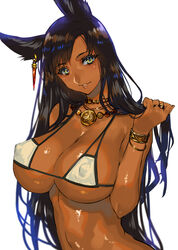 1girls animal_ears anubis bikini breasts brown_hair cleavage covered_nipples dark-skinned_female dark_skin earrings egyptian female female_only highres jewelry large_breasts long_hair looking_at_viewer mole mole_under_eye necklace ran'ou_(tamago_no_kimi) simple_background smile solo swimsuit very_long_hair white_background white_bikini yellow_eyes rating:Explicit score:99 user:chorty