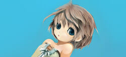  bare_shoulders blue_eyes brown_hair copyright_request female liki photoshop_(medium) short_hair solo  rating:safe score: user:bot