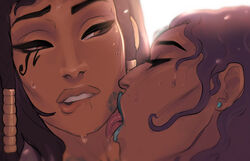 2d 2girls biting_lip blizzard_entertainment blue_lipstick brown_eyes brown_hair cinnabarbie close-up closed_eyes dark-skinned_female dark_skin egyptian_female eye_of_horus facial_tattoo female female_only hair_ornament half-closed_eyes licking lipstick lipstick_mark lipstick_on_cheek lipstick_on_neck makeup middle_eastern middle_eastern_female multiple_girls north_african north_african_female overwatch pharah saliva saliva_drip south_asian south_asian_female sweat symmetra tattoo tongue tongue_out yuri rating:Questionable score:278 user:Bart