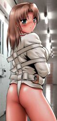 asylum blue_eyes blush bondage bottomless brown_hair from_behind jpeg_artifacts looking_back original photo_background shingyouji_tatsuya straitjacket sweat rating:Explicit score:37 user:bot