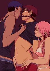 1girls 2boys aomine_daiki arms_behind_back bi_domination bisexual bisexual_male bondage boxers bra cleave_gag closed_eyes clothed daiki_aomine dominant_couple female femdom hand_in_underwear kagami_taiga kuroko_no_basuke male maledom malesub momoi_satsuki multiple_boys pink_hair shirt_grab straight taiga_kagami threesome tingos underwear rating:Explicit score:127 user:Sharktopus7