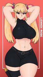 armpits big_breasts blonde_hair crop_top curvy fortnite gun gun_holster hands_behind_head keyt_999 lennox_rose_(fortnite) sfw thick_thighs rating:Safe score:142 user:coolswagga2