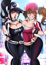 2girls ashley_(shadman) backpack bag belt black_hair blue_eyes blush breasts brown_hair brunette cap cleavage collar covered_breasts covered_nipples eyeliner eyeshadow female female_only female_protagonist_(pokemon_go) fingerless_gloves fiona_(shadman) freckles gloves goth grin hat human jacket large_breasts legs long_hair looking_at_viewer makeup mole multiple_girls nail_polish nintendo open_mouth pants piercing poke_ball pokemon pokemon_go ponytail red_eyes shadman smile spiked_collar teeth text thighs tied_hair tongue voluptuous yoga_pants rating:Questionable score:324 user:Anonymous77