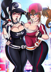 2girls arm_around_waist ashley_(shadman) ass backpack bag bimbo black_hair black_lipstick black_nails blue_eyes blush breasts brown_hair brunette busty cleavage collar ear_piercing earrings eyeliner eyeshadow female female_protagonist_(pokemon_go) fingerless_gloves fiona_(shadman) freckles gloves goth highres holding holding_poke_ball hourglass_figure human jewelry lips lipstick makeup mole mole_under_mouth multiple_girls nail_polish naughty_face nintendo nose_ring pants piercing poke_ball pokemon pokemon_go ponytail red_eyes shadman smile spiked_collar spikes text tied_hair voluptuous yoga_pants yuri rating:Questionable score:393 user:bot