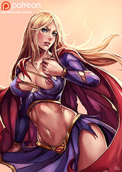 1girls belly blonde_female blonde_hair blue_eyes breasts cape dc dc_comics female female_only kachima kara_zor-el large_breasts legs long_hair midriff navel nipples skirt solo supergirl superman_(series) thighs torn_clothes rating:Explicit score:86 user:Bart